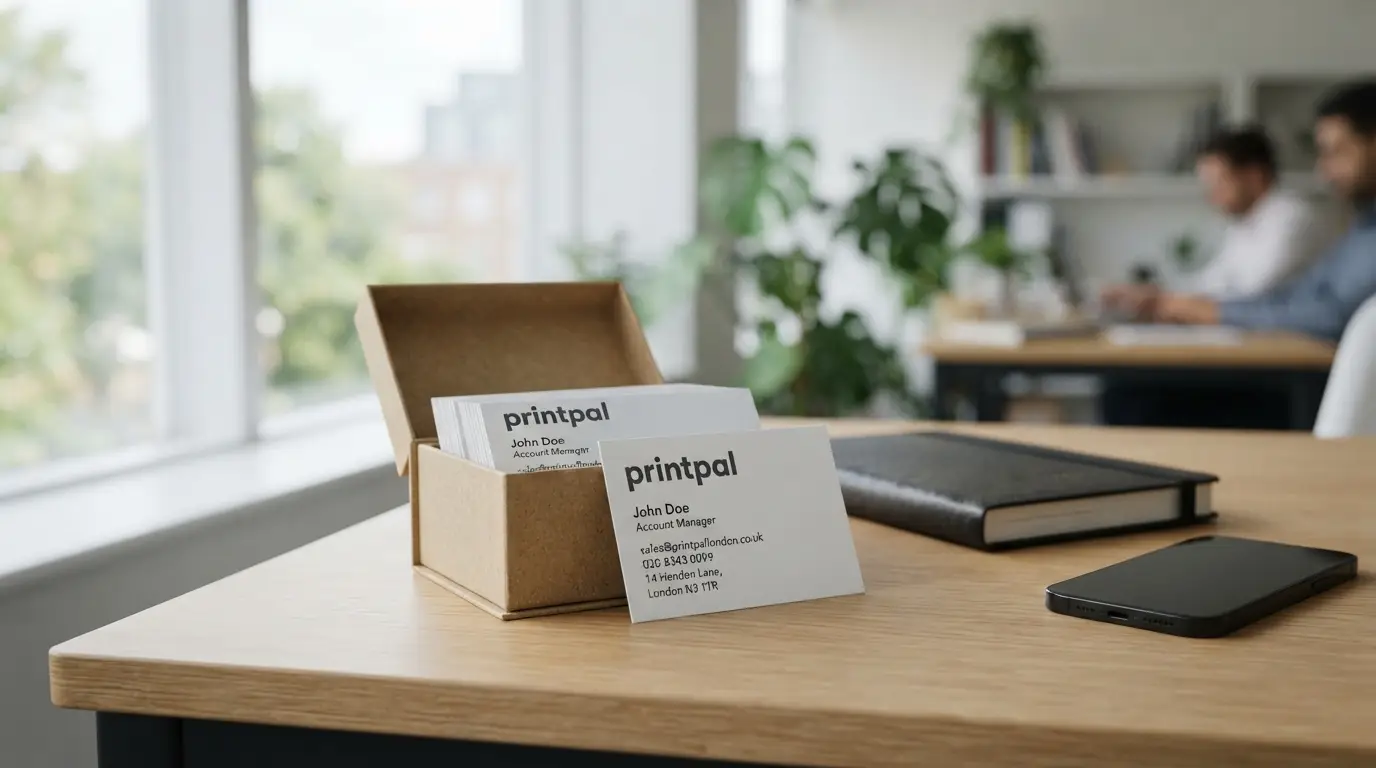 A box of around 250 business cards on a desk