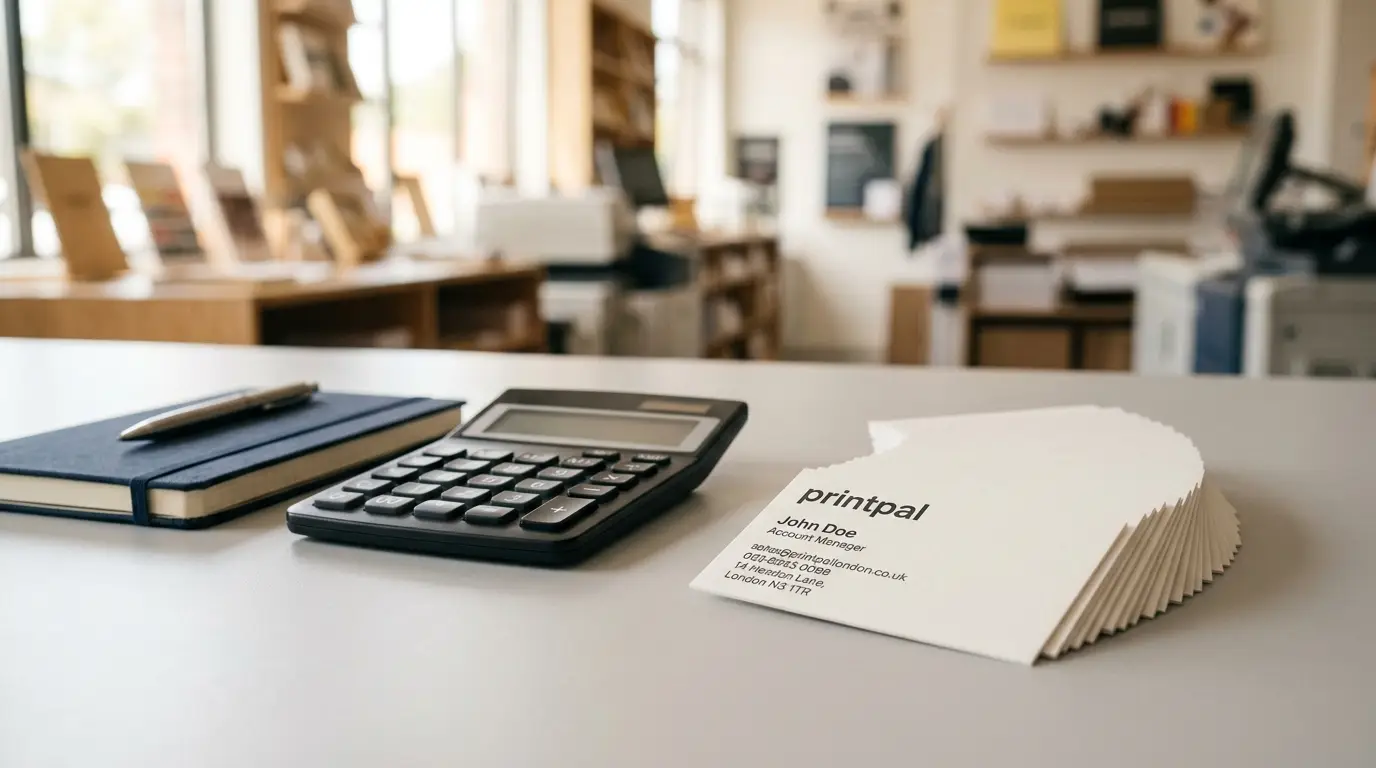 500 business cards spread on a desk beside a calculator