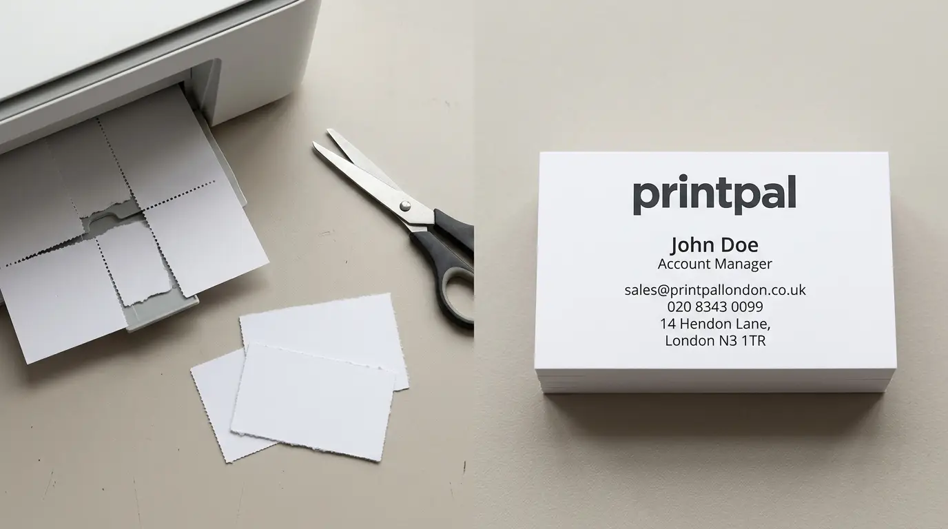 Home-printed business cards compared with professionally printed cards